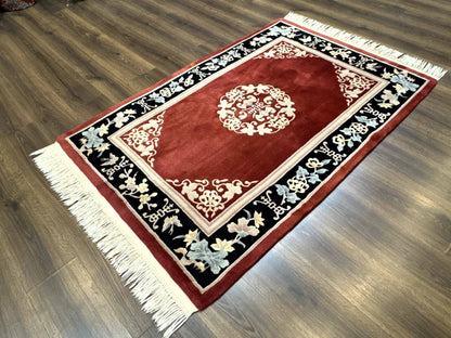 Chinese Wool Rug 4x6 Hand Knotted 90 Line Butterflies Maroon and Black