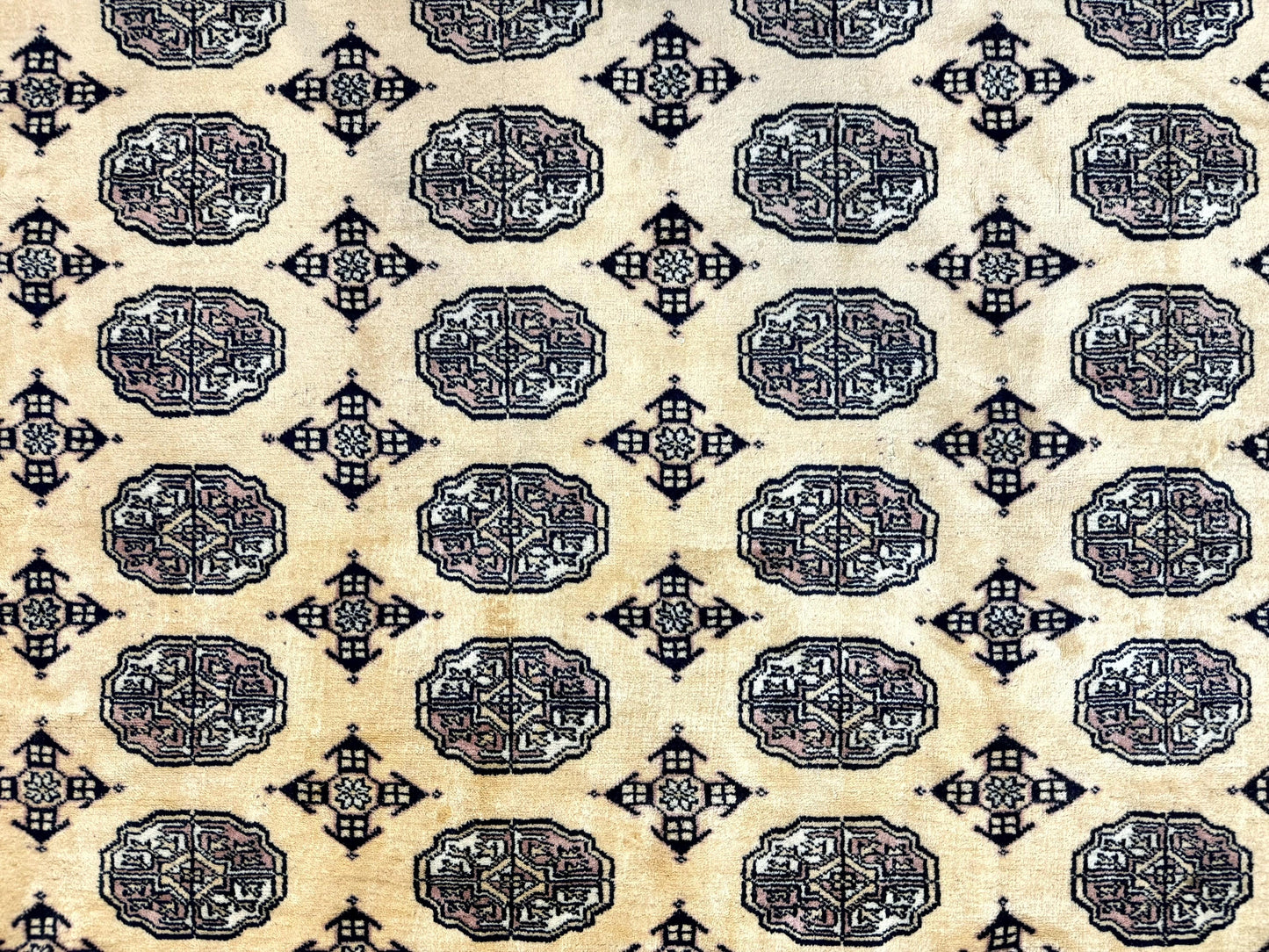 Pakistani Bokhara Turkoman Rug 9x11, Cream, Handmade Wool Vintage Carpet