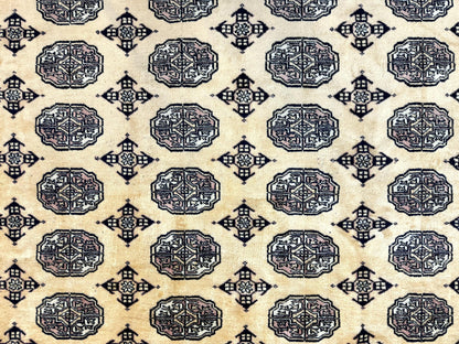 Pakistani Bokhara Turkoman Rug 9x11, Cream, Handmade Wool Vintage Carpet