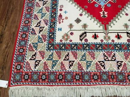 Vintage Moroccan Carpet 5x7 Area Rug, Berber Rug, Handmade Soft Wool Rug, Red Ivory and Blue, Geometric Medallion Rug, Bohemian Rug, Nice
