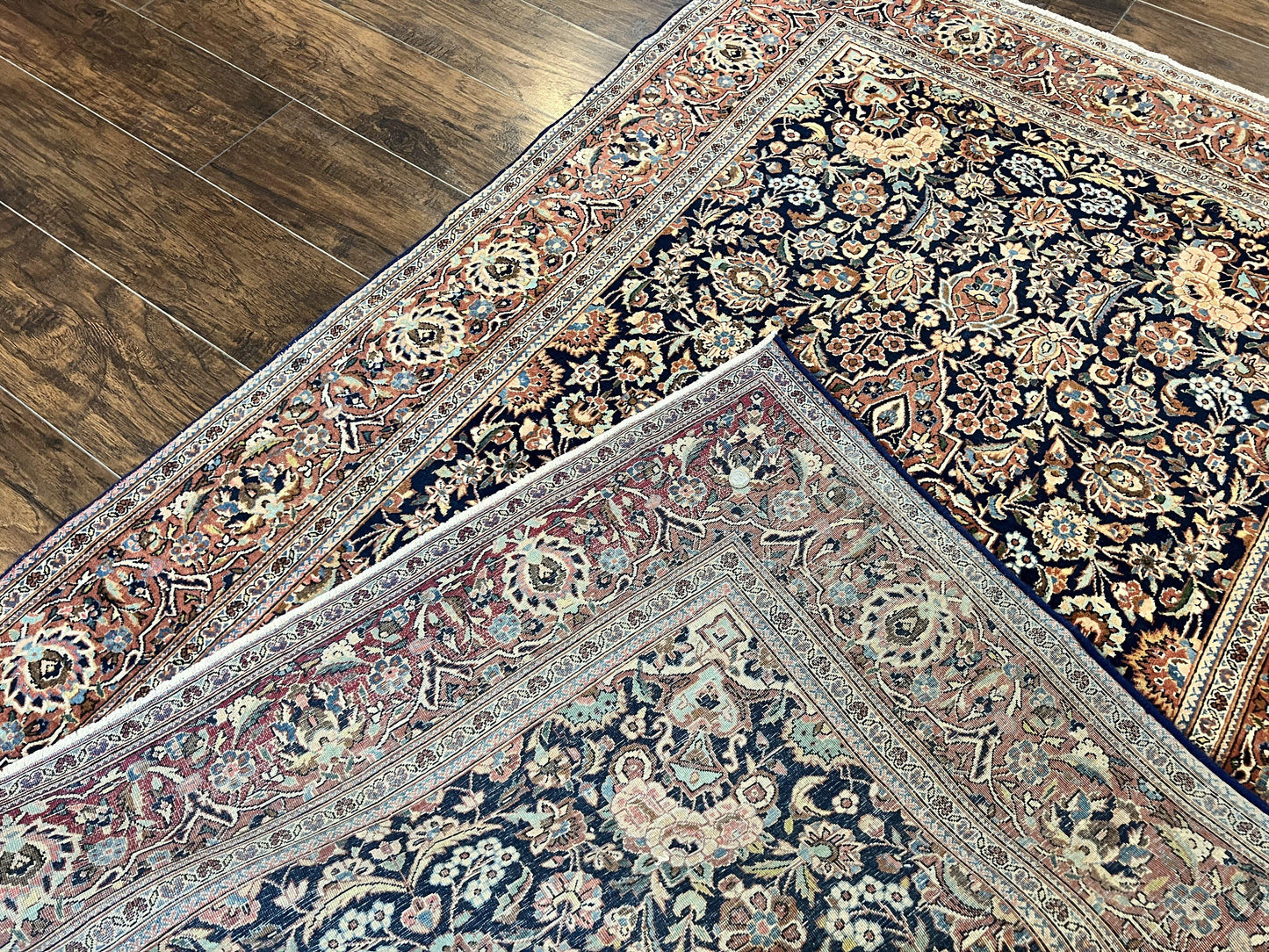 Persian Kashan Rug 4x7, Floral Medallion Vintage Handmade Hand Knotted Navy Blue & Red Wool Oriental Carpet, Highly Detailed Semi Antique Rug