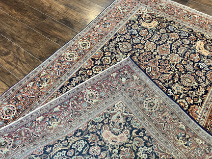 Persian Kashan Rug 4x7, Floral Medallion Vintage Handmade Hand Knotted Navy Blue & Red Wool Oriental Carpet, Highly Detailed Semi Antique Rug