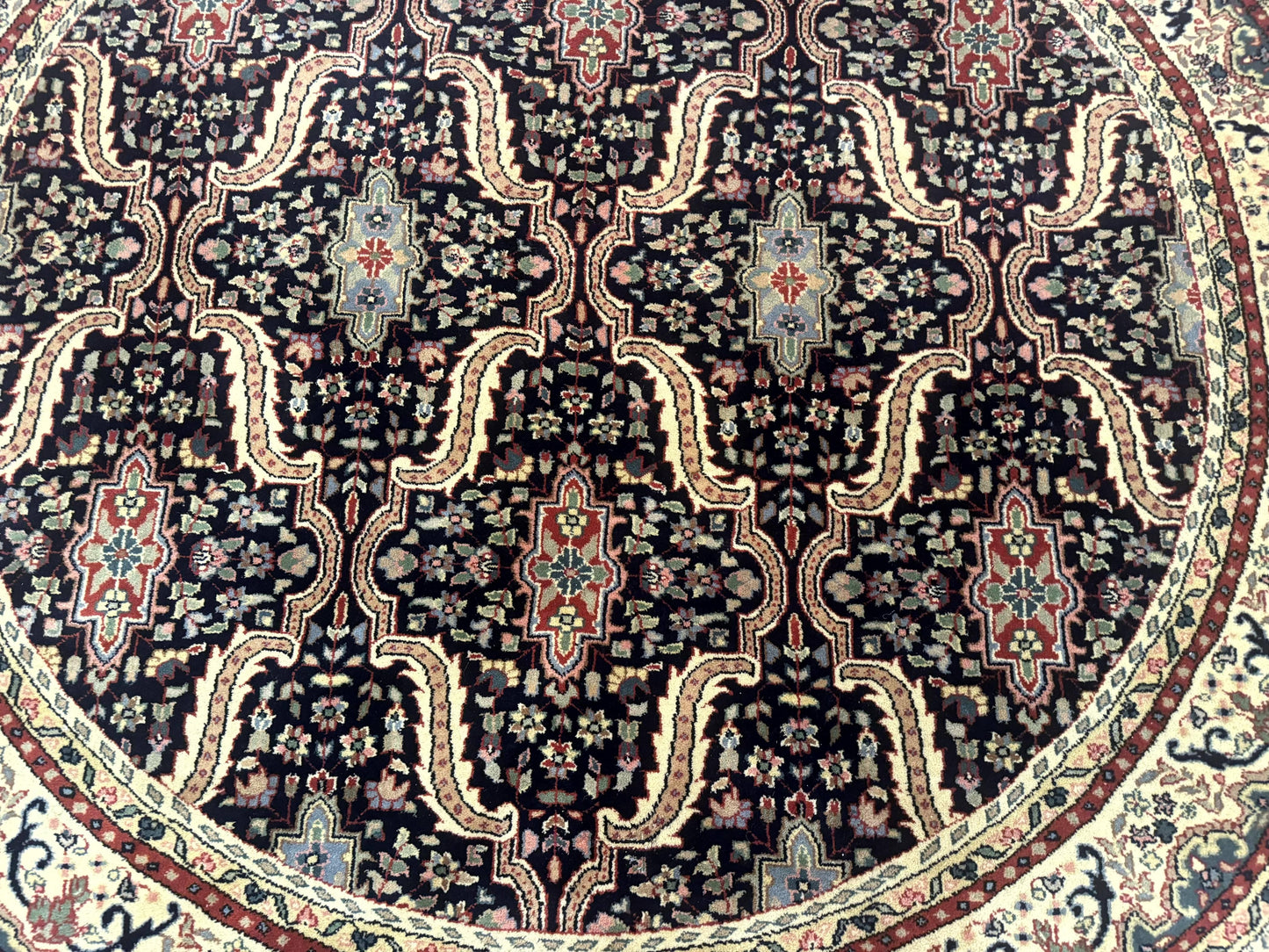 Indo Persian Bidjar Rug Round 6x6 Wool Hand Knotted Navy Blue Beige