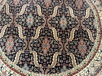 Indo Persian Bidjar Rug Round 6x6 Wool Hand Knotted Navy Blue Beige