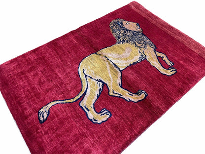 Handmade Wool Rug 3x5 Hand Knotted Pictorial Lion Rug With Red Organic Dyes