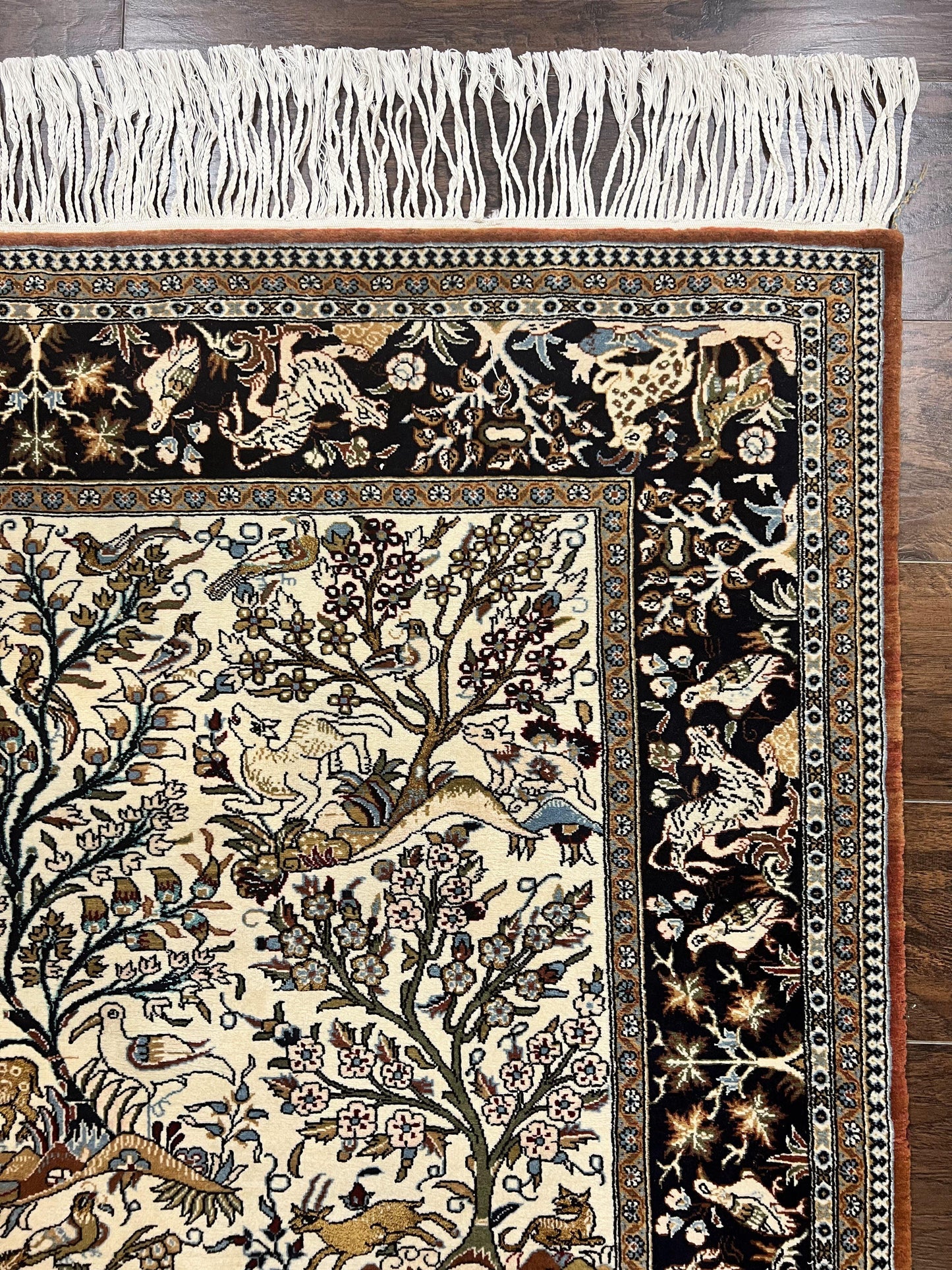 Persian Qum Tree of Life Rug 5x7, Wool and Silk Highlights, Animal Motifs, Vintage Hand Knotted Handmade Cream & Black Fine Oriental Carpet