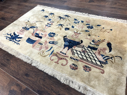 Chinese Wool Rug Handwoven 5x3 Peking Antique Handmade Vintage Carpet