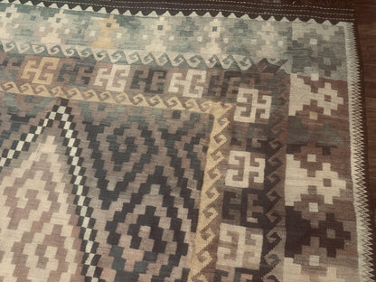 Antique Persian Kilim Rug 9x12 Zarand Handwoven Wool Zigzag Pattern In Earth Tones