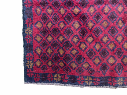 Vintage Handmade Balouch Afghan Wool Rug 3x5 Hand Knotted Red Blue Diamond