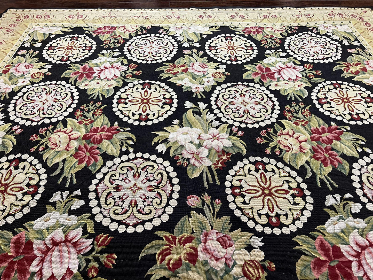 Black Wool Needlepoint Rug 9x12 Handwoven European Floral Panel Design Vintage Chinese