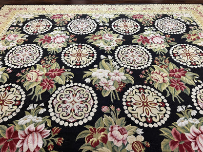 Black Wool Needlepoint Rug 9x12 Handwoven European Floral Panel Design Vintage Chinese