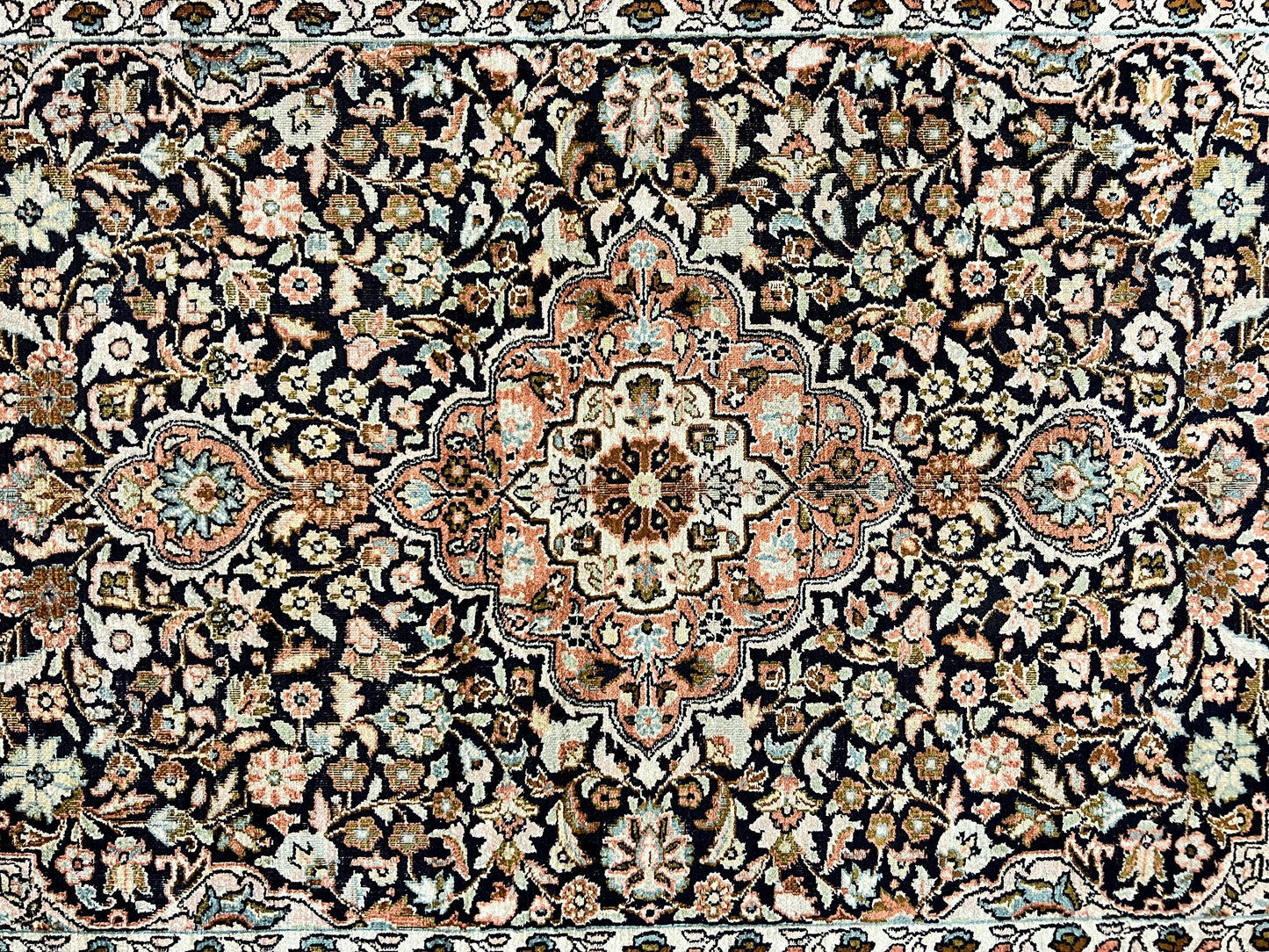 Kashmiri Silk Rug 3x5 Navy Blue Handmade Floral Medallion Indo Persian Silk