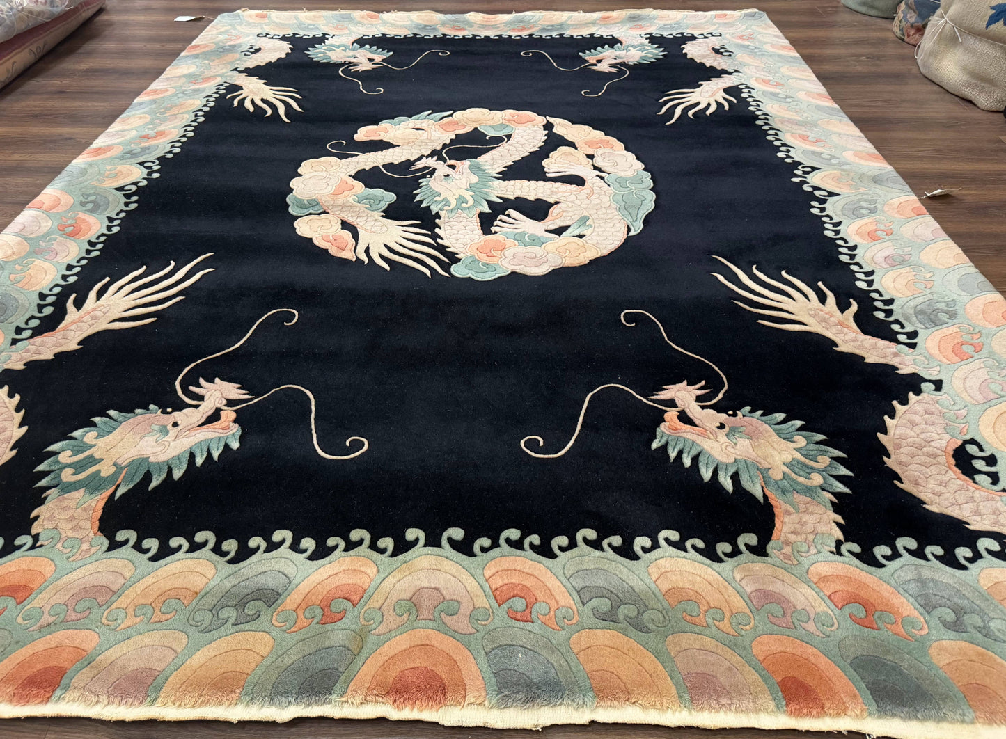 Black Chinese Wool Rug 8x10 Hand Knotted Dragons With Rainbow Borders