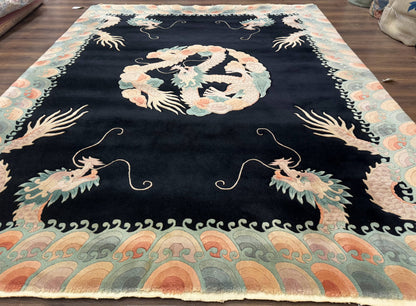 Black Chinese Wool Rug 8x10 Hand Knotted Dragons With Rainbow Borders