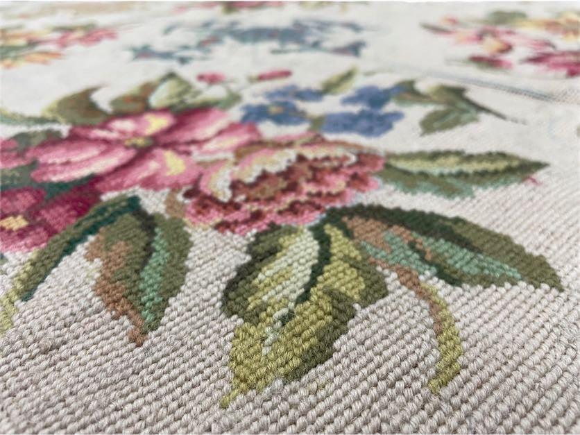 Hand-Knotted Needlepoint Carpet 6x9, Ivory/Cream Background, Colorful Flowers, Yellow Border, Aubusson Rug 6 x 9, New, Handmade