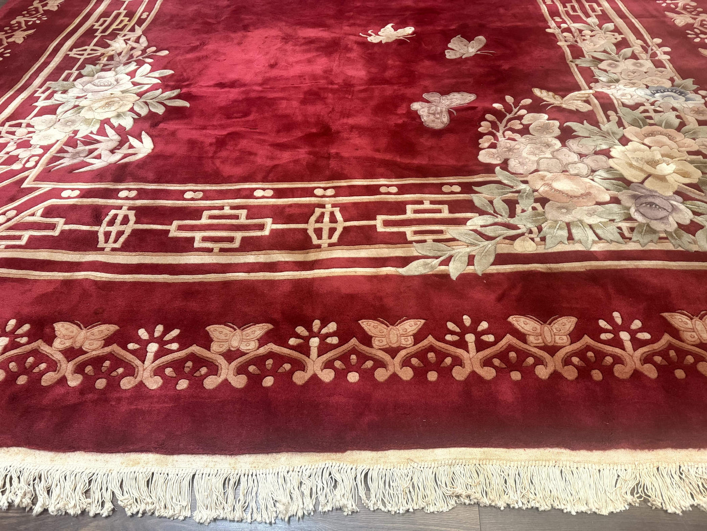 Chinese Wool Rug 12x18 Palace Size Vintage Hand Knotted Red With Butterflies And Flowers