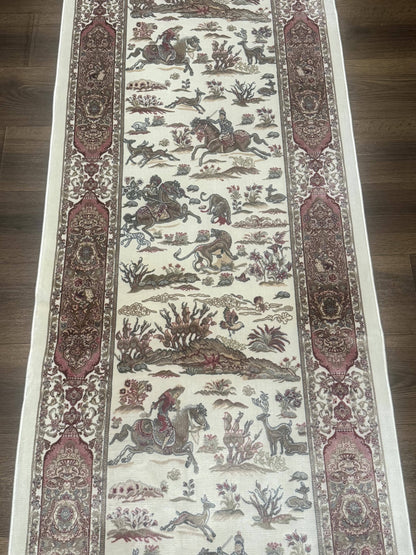 Turkish Silk Runner Rug 2.6 x 8, Hunting Design, Ivory, Bamboo Silk, New
