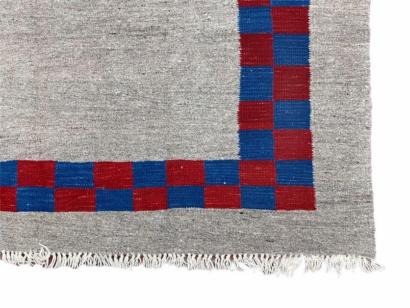 Gray Turkish Kilim Carpet 5' 7" x 7' 7", Medium Kilim Rug, Hand-Knotted, Blue & Red Border, Minimalistic Design, Geometric, Wool, New