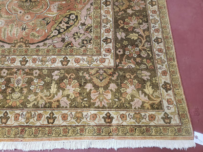 Indo Persian Rug 8x10, Vintage Indian Rug 8 x 10, Fine Hand-Knotted Wool Rug, Rose Clay Red Beige Brown Handmade Area Rug, Floral Medallion