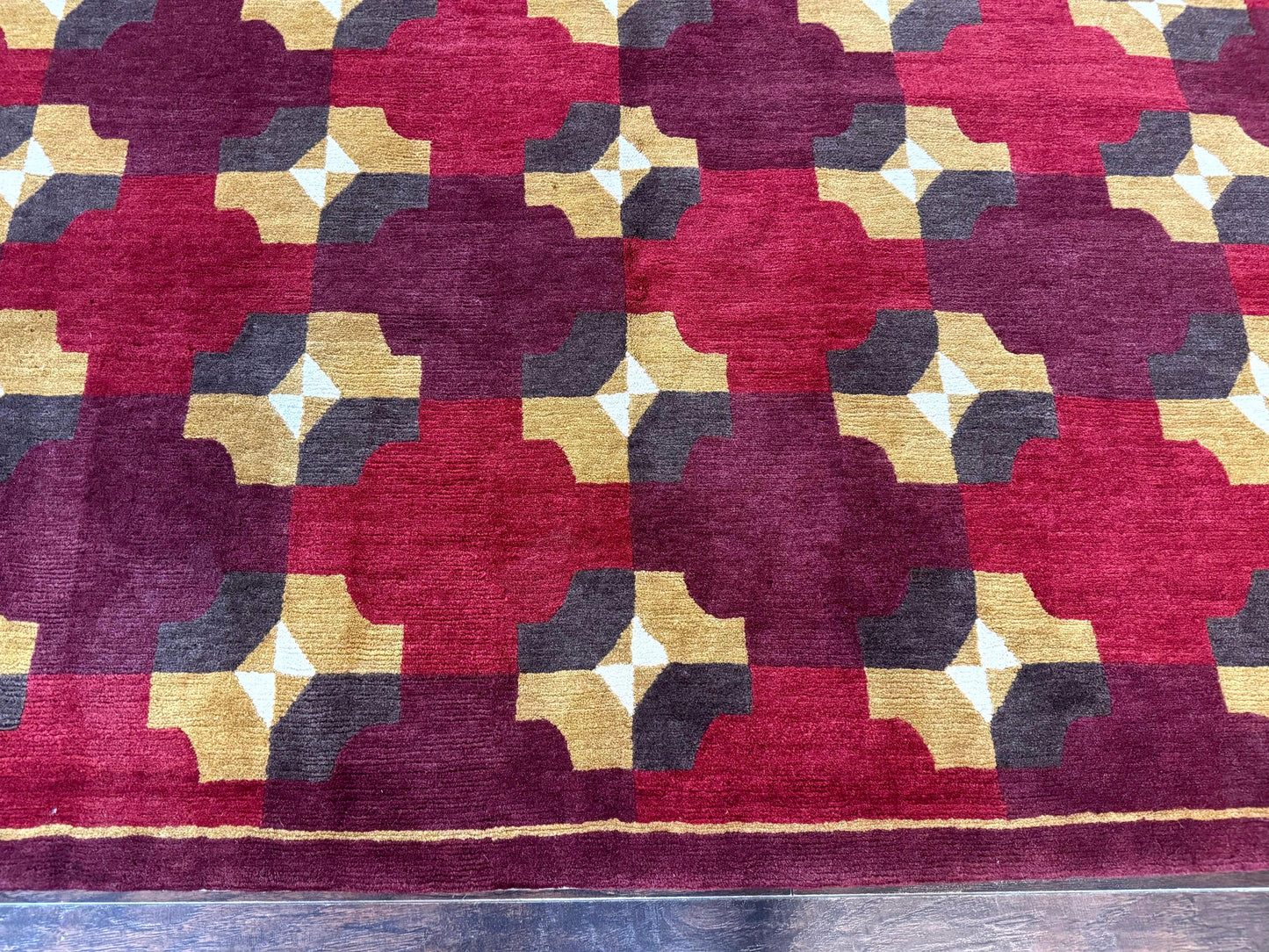 Modern Tibetan Rug 5 x 6.8, Wool, Red, Allover Pattern, Nepali Rug, Abstract Rug, Handmade Area Rug