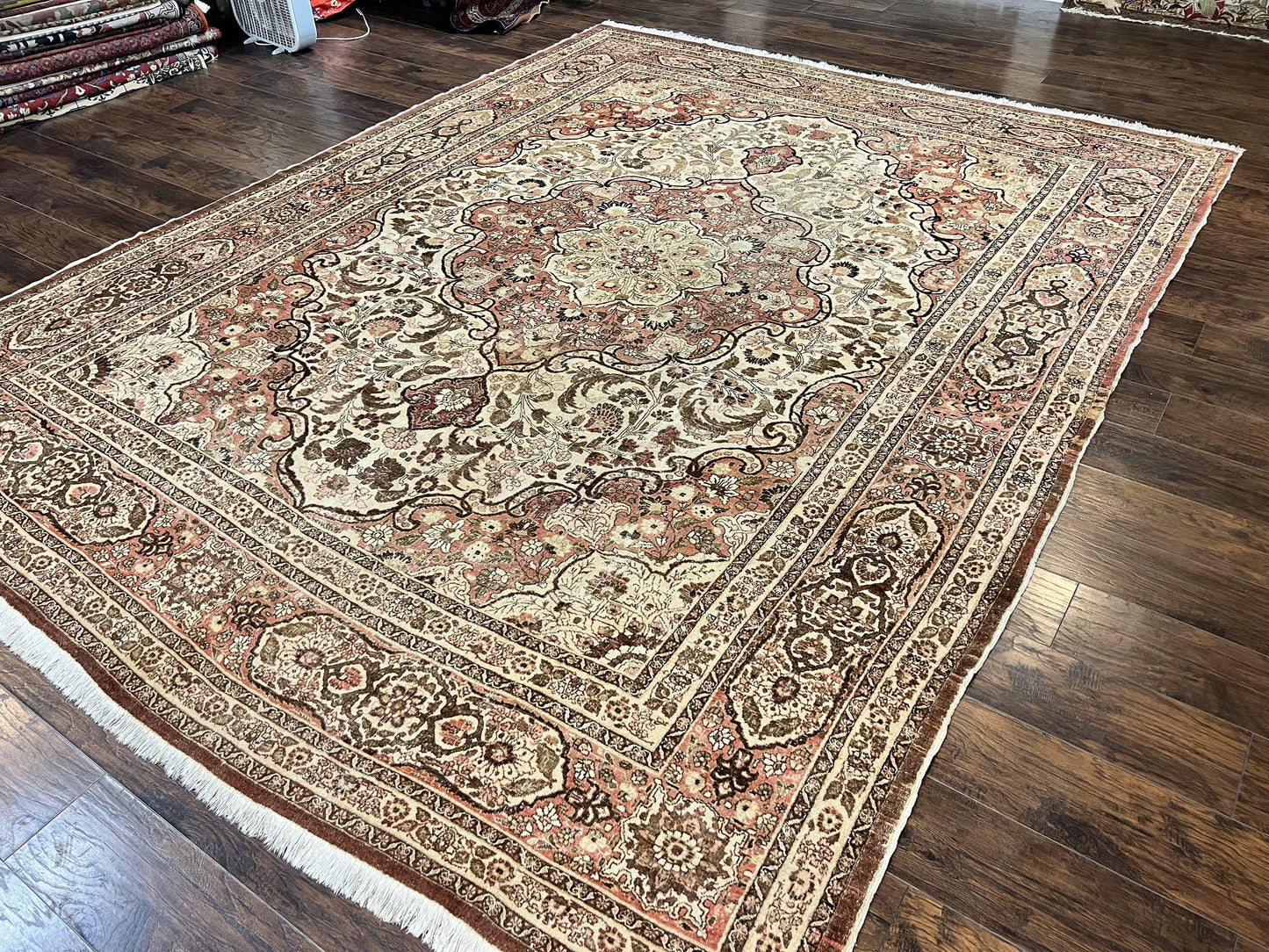 Antique Persian Tabriz Rug 10x12 Hand Knotted Wool Carpet Floral Medallion Beige and Light Red
