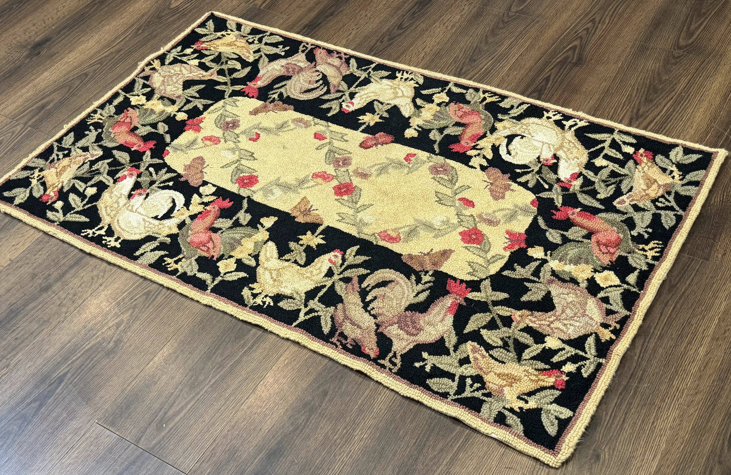 Small Vintage Hooked Rug Roosters Handmade Wool Area Rug Decor Accent