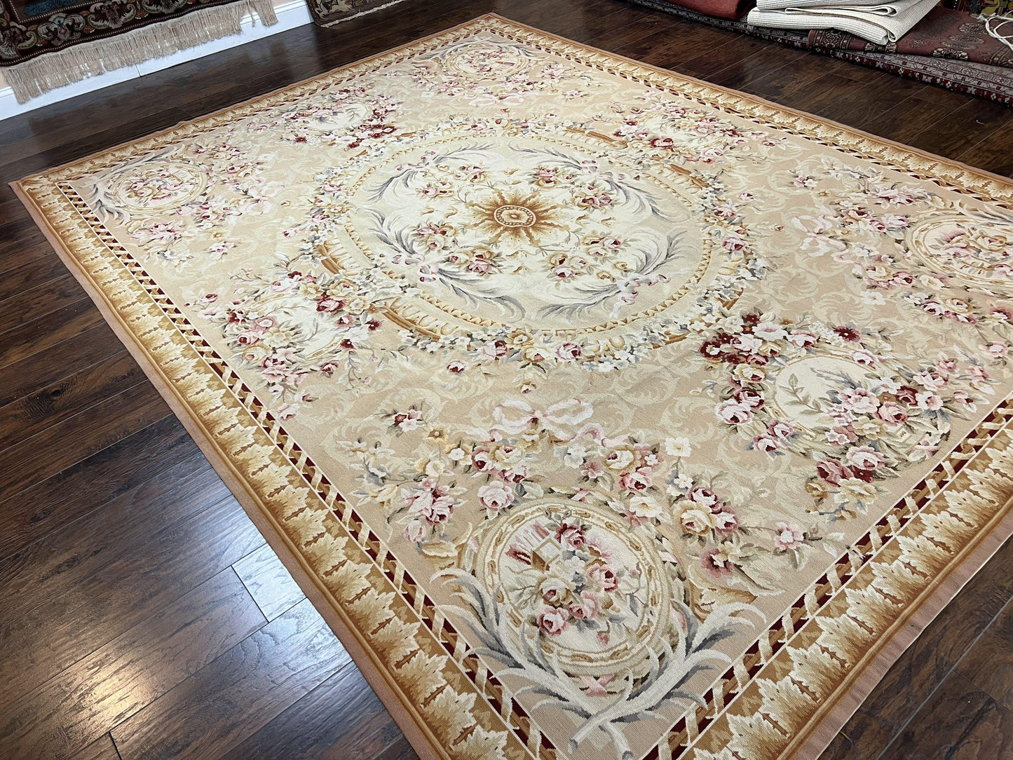 Aubusson Rug 9x12 Savonnerie Wool Floral Handmade European Area Rug