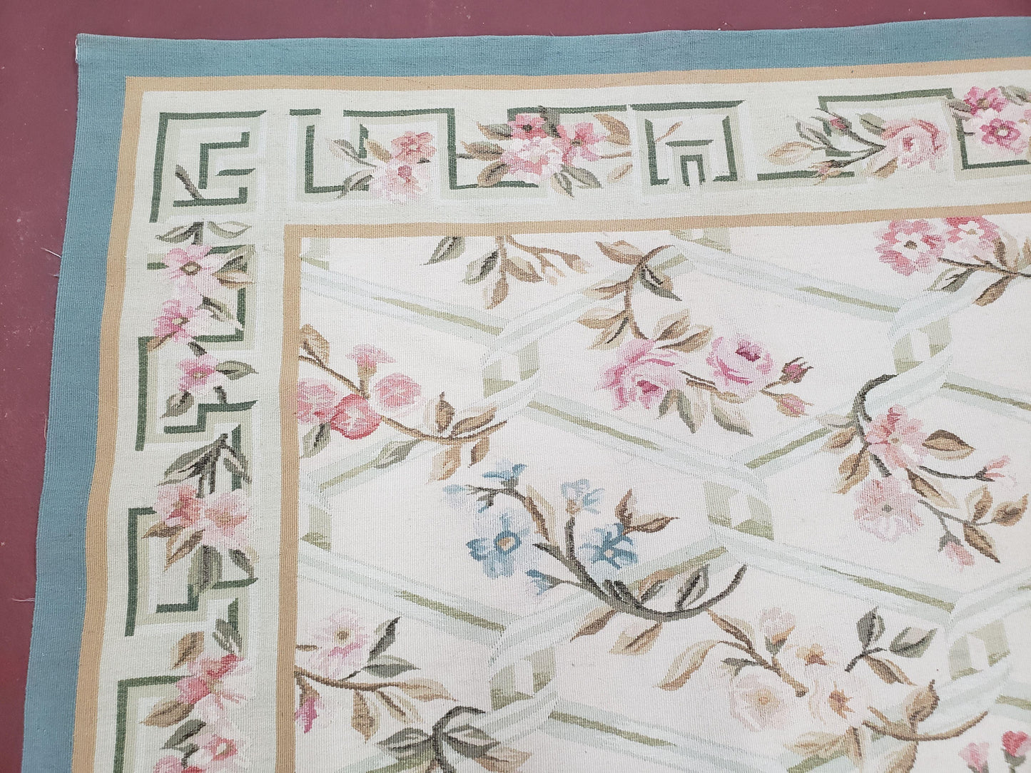 Vintage Aubusson Area Rug, Aubusson Flat weave Carpet, Floral Geometric Pattern, Beige Teal Green, 4x6 Rug, European Design