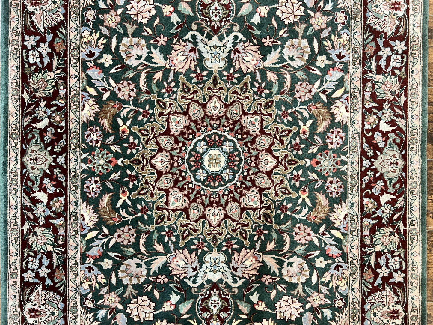 Pak Persian Rug 4x6, Wool Hand Knotted Vintage Carpet, Dark Green, Floral Medallion, Fine Oriental Rug