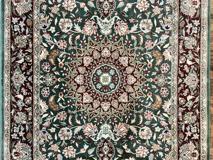 Pak Persian Rug 4x6, Wool Hand Knotted Vintage Carpet, Dark Green, Floral Medallion, Fine Oriental Rug