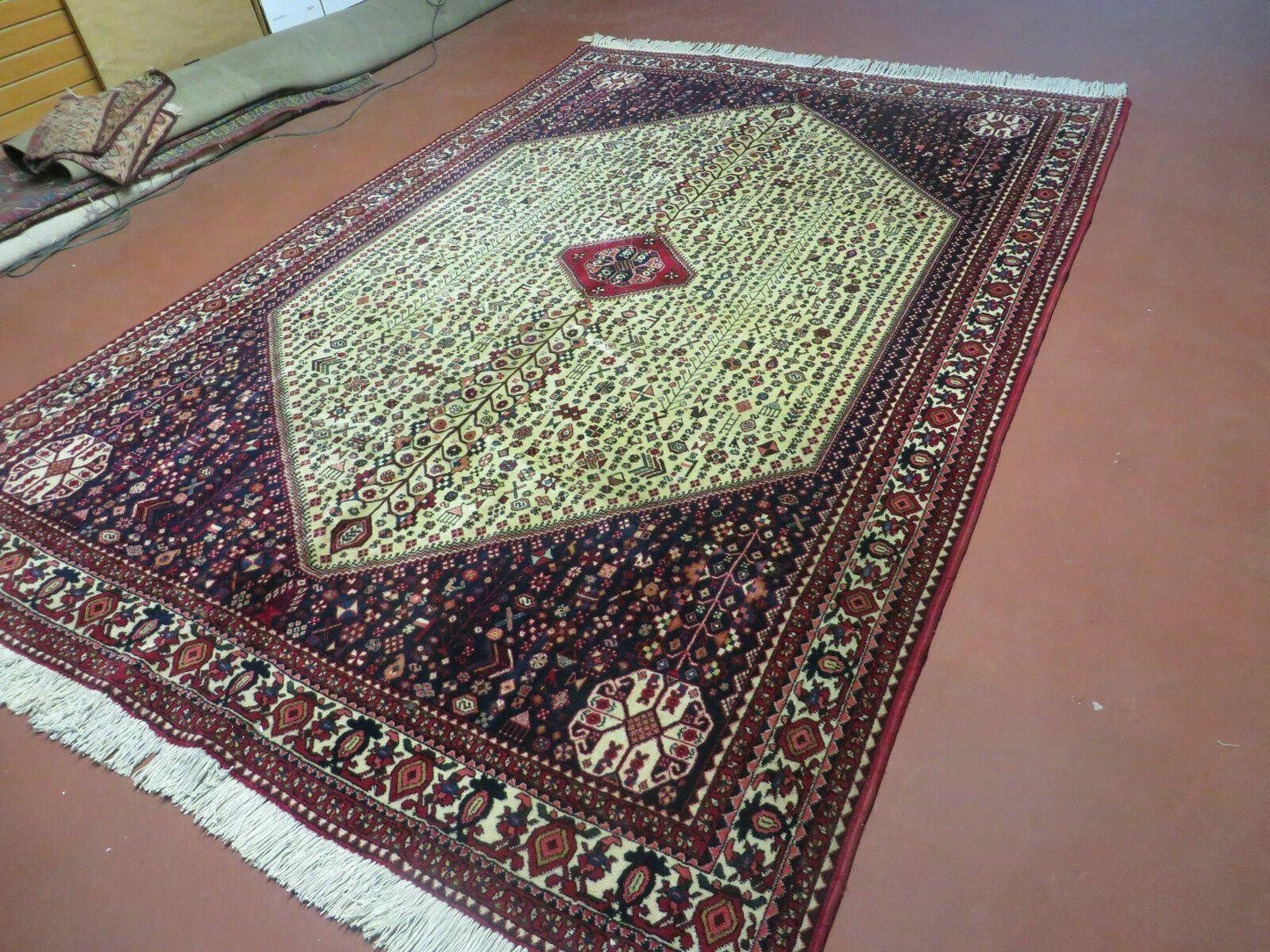 Vintage Indian Floral Wool Rug Hand Knotted 7x10 Ivory Red