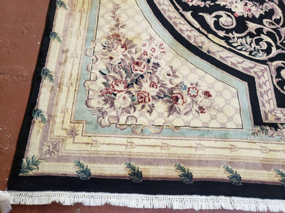 Aubusson Rug 8x10 Hand Knotted Wool Savonnerie Black Ivory French Design