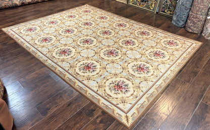 Needlepoint Wool Rug 8x11 Vintage Sky Blue Handmade Carpet