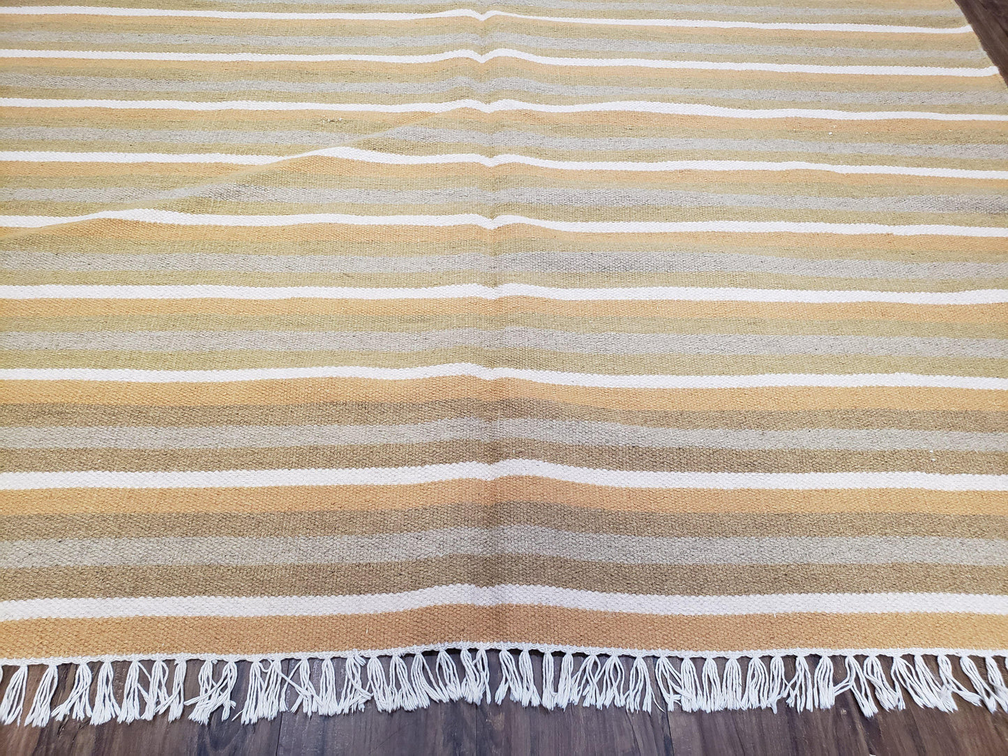 New Indian Kilim Area Rug, 6x8 - 7x8 South American Style Blanket, Striped Indian Wool Hand-Woven Flat Weave 6x9 Bedroom Rug, Ivory Ochre