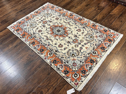 Persian Tabriz Rug 4.5  x 6.8, Finely Hand Knotted Wool with Silk Highlights Vintage Oriental Carpet, Cream and Salmon, High KPSI, Floral Medallion