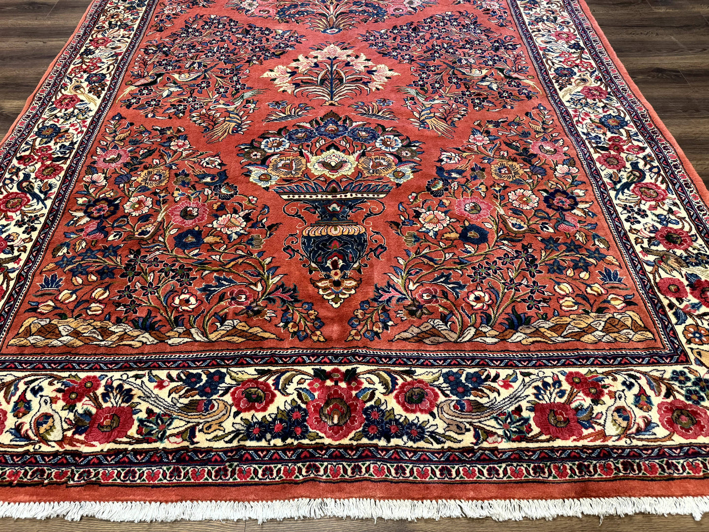 Persian Sarouk Rug 7x10 Red Ivory Floral Bouquets With Birds