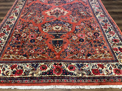 Persian Sarouk Rug 7x10 Red Ivory Floral Bouquets With Birds