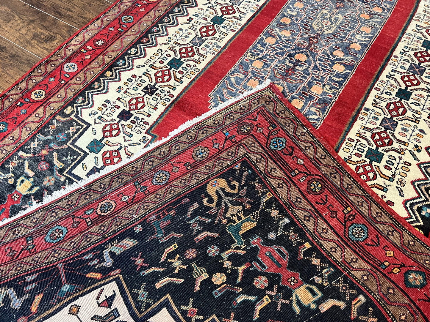 Persian Rug Hand Knotted 5x12 Ft Red Cream Navy Bidjar Geometric Runner