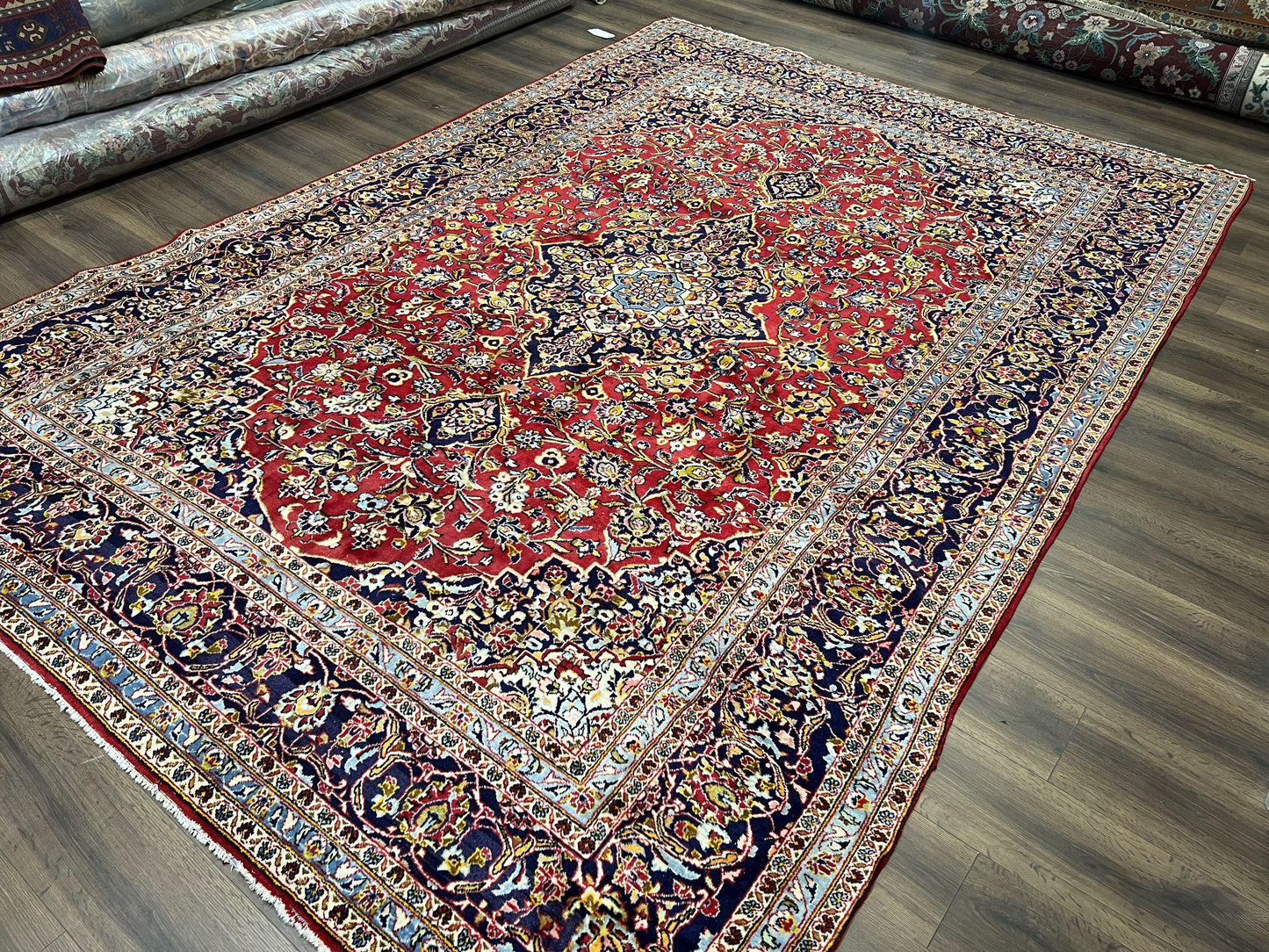 Persian Kashan Rug 9x12 Handmade Wool Oriental Carpet With Floral Medallion And Corner Design