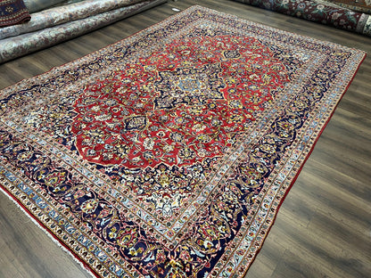 Persian Kashan Rug 9x12 Handmade Wool Oriental Carpet With Floral Medallion And Corner Design