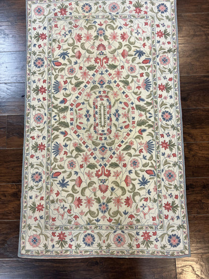 Hand Stitched Indian Rug Floral Vintage Wool Area Rug 4x5 Hand Embroidered