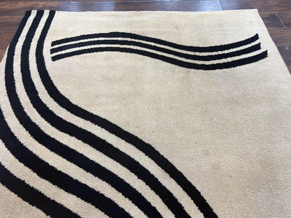 Modern Rug 6x9 Cream and Black Abstract Pattern Wool Area Rug