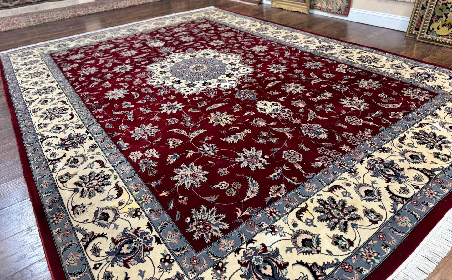 Pak Persian Rug 9x12, Maroon and Ivory, Wool Handmade Vintage