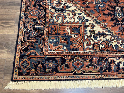 Heriz Rug 5.6 x 8, Geometric Medallion, Wool Oriental Carpet, Tribal Boho Rug, Red Navy Blue Cream, Belgium Power Loomed Rug, Medium Sized