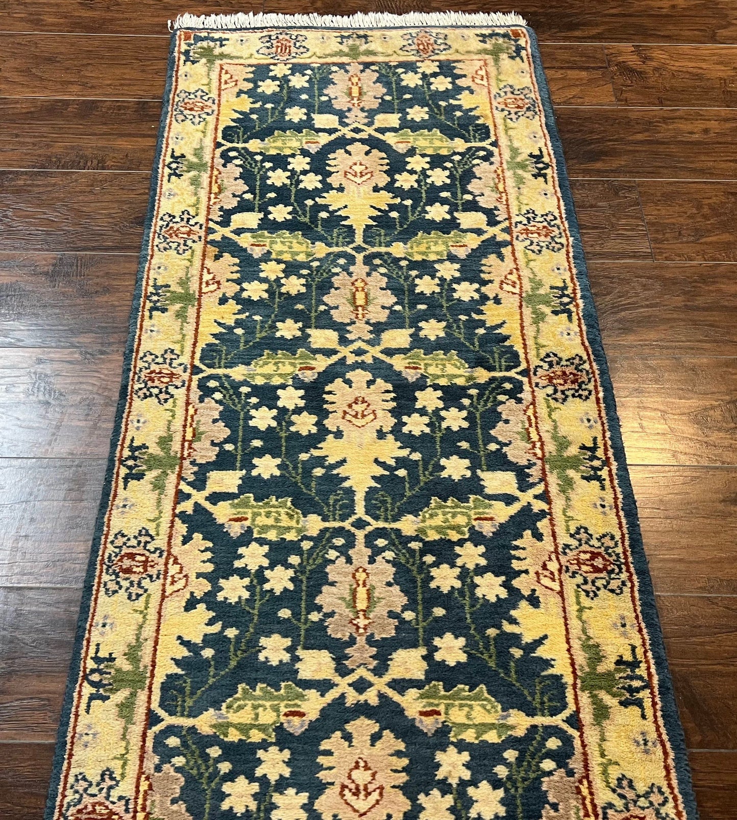 Indian Runner Rug 2.6 x 12, Navy Blue Beige Oriental Runner Rug 12ft Long, Narrow Hallway Runner, Wool Hand Knotted Indo Persian Mahal Rug