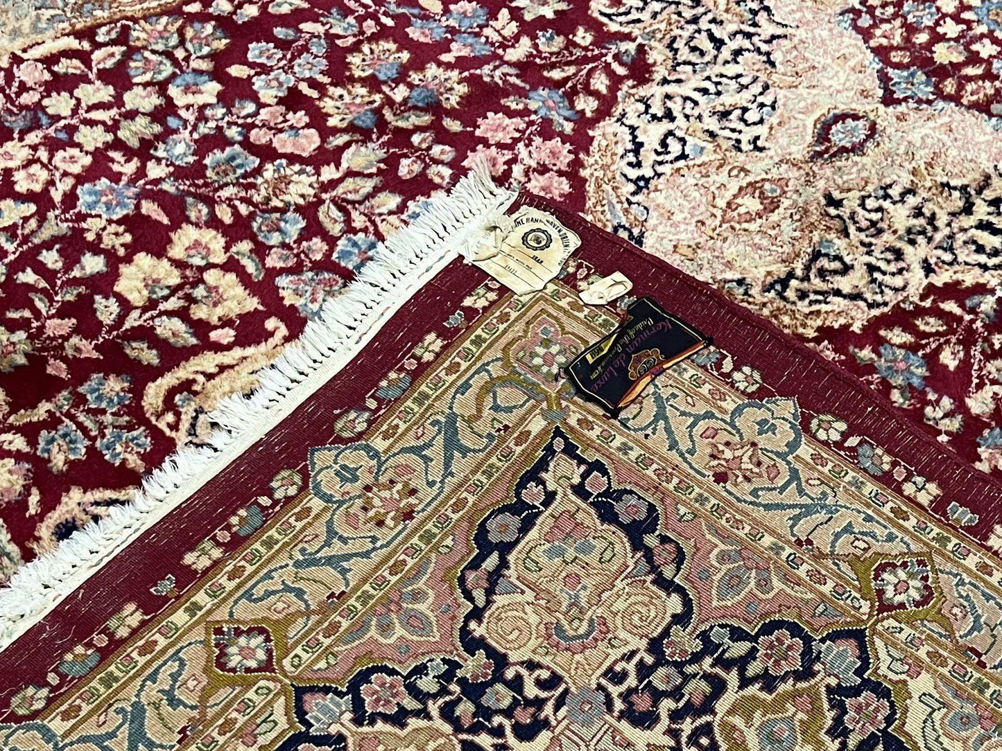 Persian Rug 9x12, Kirman DeLuxe, Millefleur Floral Medallion Carpet, Maroon Light Blue Beige, Semi Antique Authentic Hand Knotted Wool Rug