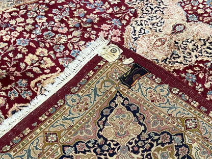 Persian Rug 9x12, Kirman DeLuxe, Millefleur Floral Medallion Carpet, Maroon Light Blue Beige, Semi Antique Authentic Hand Knotted Wool Rug