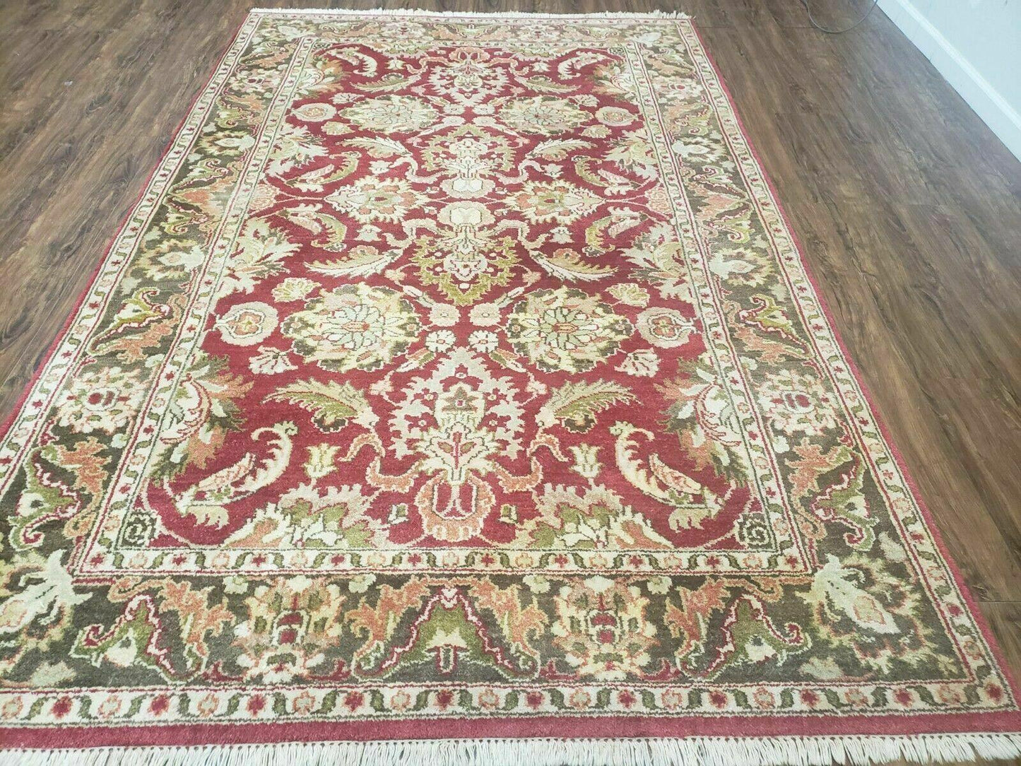 Indo Persian Rug 6x9, Hand Knotted Vintage Indian Sultanabad Agra Wool Rug, Handmade Oriental Carpet 6 x 9, Red Large Floral Design
