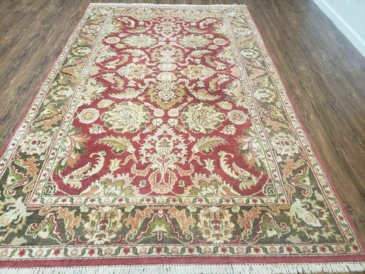 Indo Persian Rug 6x9, Hand Knotted Vintage Indian Sultanabad Agra Wool Rug, Handmade Oriental Carpet 6 x 9, Red Large Floral Design