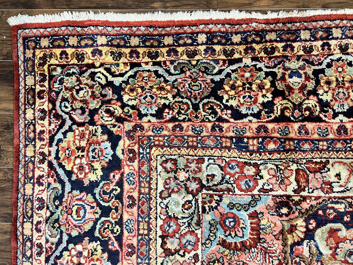 Persian Sarouk Rug 11x14, Semi Open Field, Large Antique Persian Wool Handmade Carpet, Red and Dark Blue, Floral